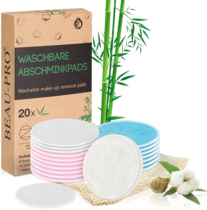 Bamboo Washable Make-up Remover Pads - 20 Soft Bamboo and Cotton Reusable Make-up Remover Pads with Laundry Bag - Ecological Zero Waste Face and Eye Make-up Remover Pads