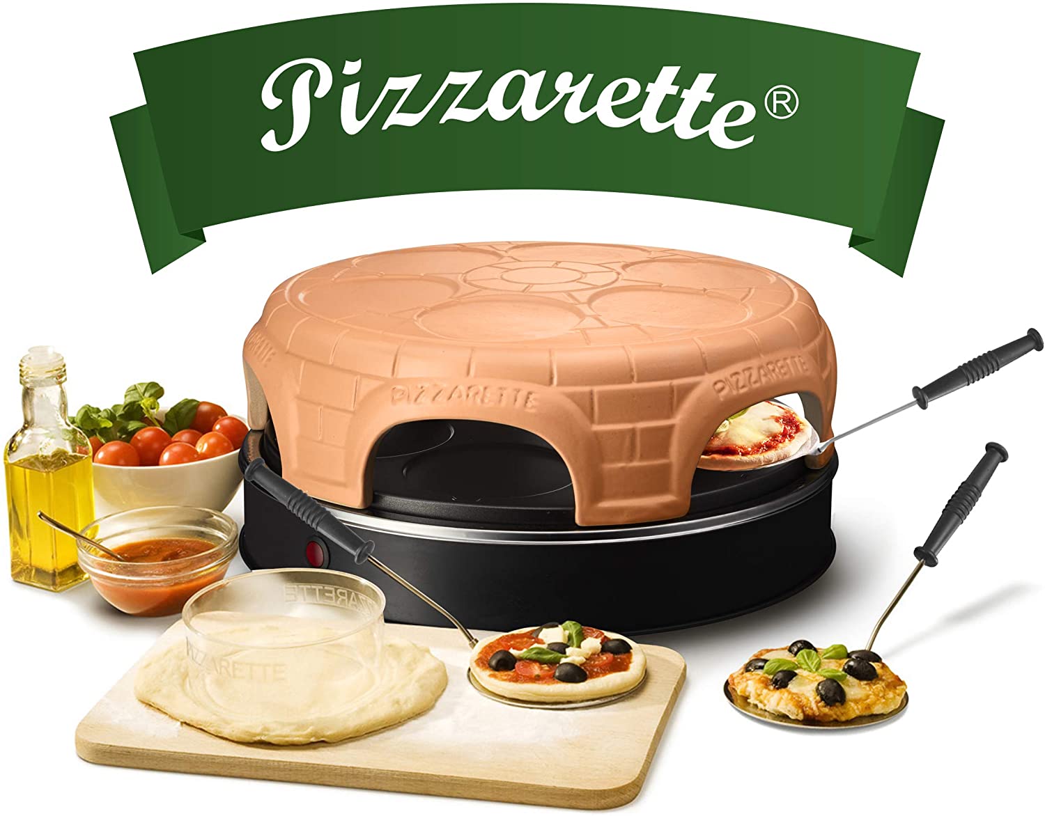 Emerio PO-115848.1 - Forno per pizza in terracotta originale realizzato a mano, design brevettato per mini pizza, vero divertimento per 6 persone