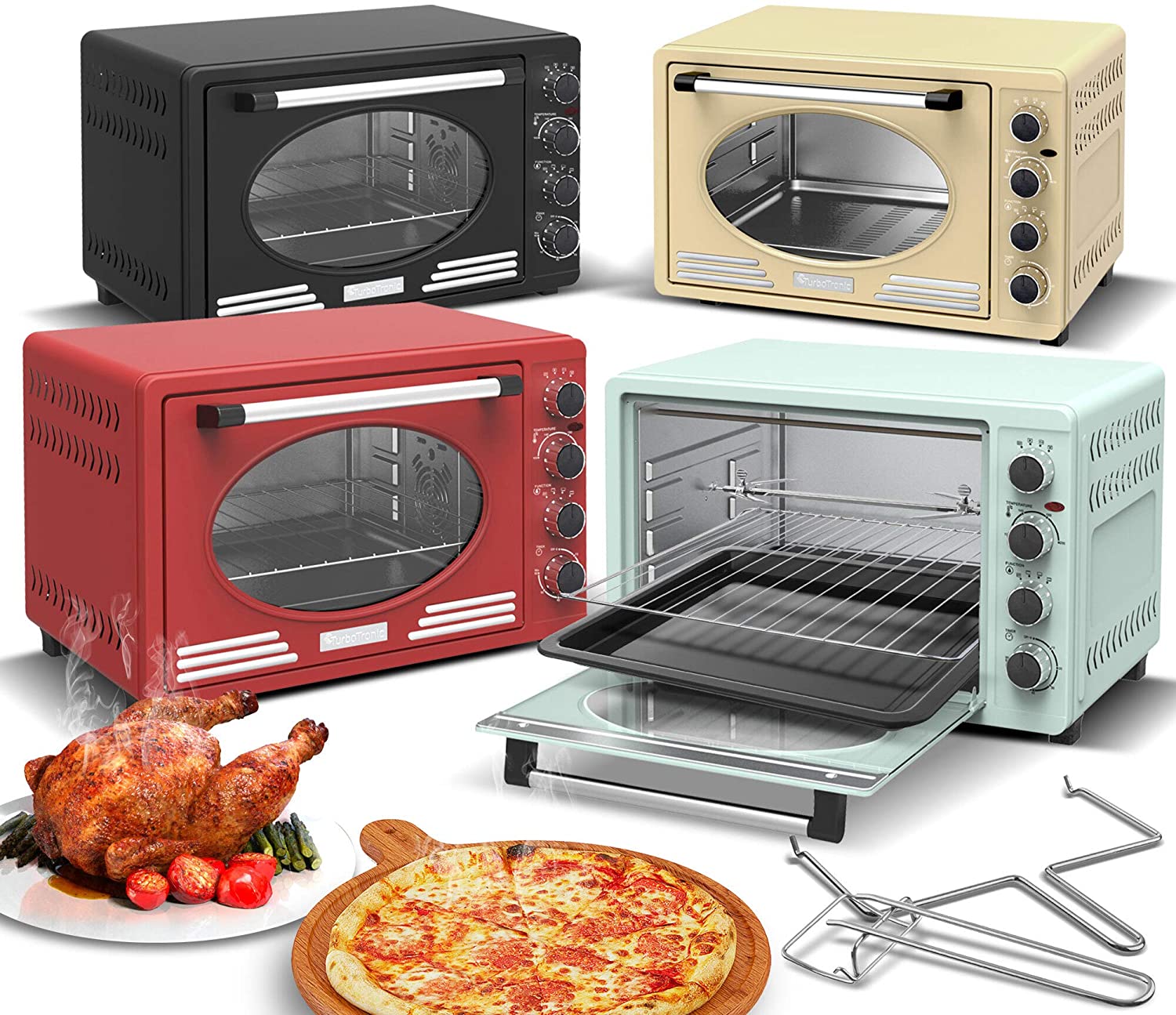 Mini forno (45 l), girarrosto, timer, ventilato, luce interna, forno per pizza retrò, 2000 W