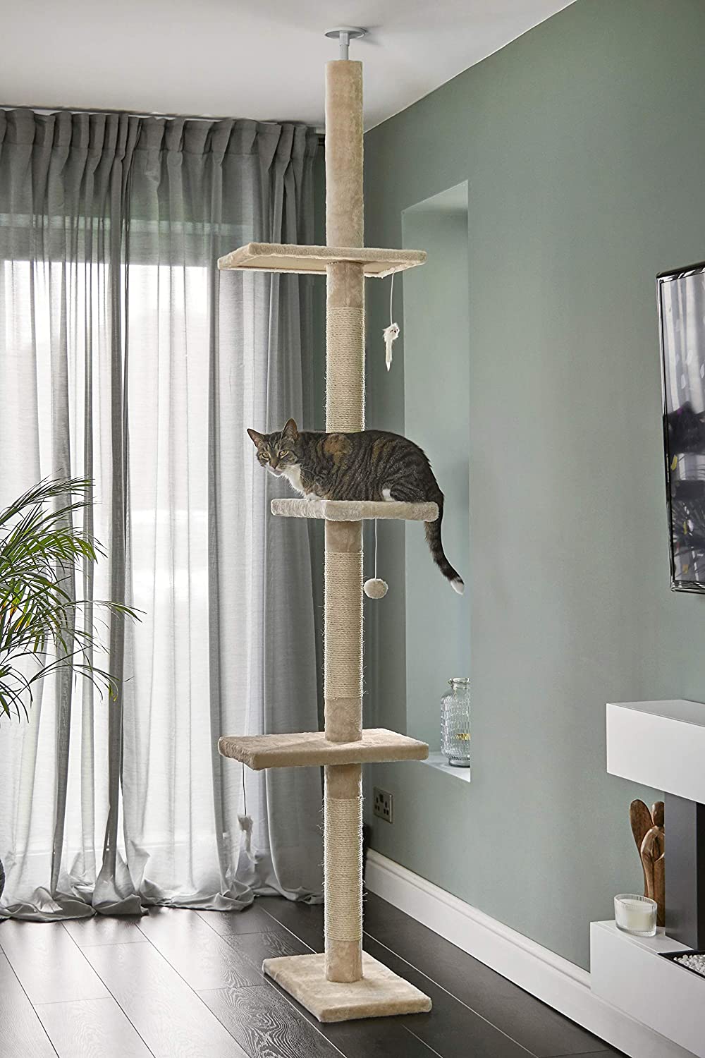 RuneSol, Ceiling Scratching Post 240-288cm High, Beige Cat Tree with 3 Large Platforms