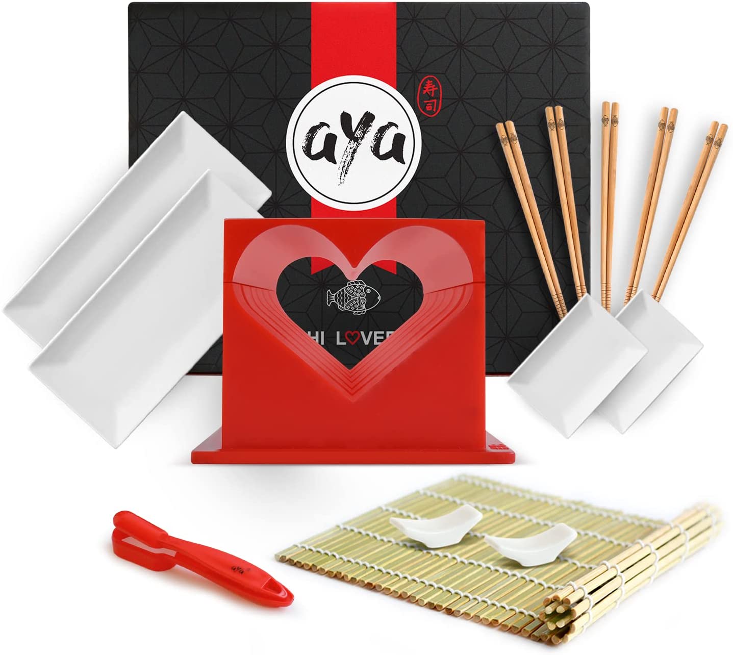 AYA Kit per Fare Sushi - The Sushi Lover Set - Kit per Servire Sushi Completo Sushi Maker, Nigiri Maker, Tappetino in bambù, 2 Piatti Sushi, 2 Piatti Salsa, 5 Bacchette e 2 Porta Bacchette