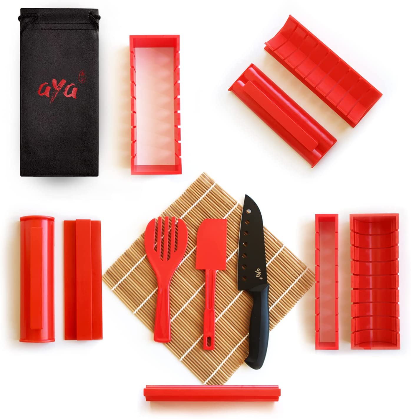 Sushi Kit - Sushi Maker Deluxe Red Complete Sushiaya with Knife and Exclusive Online Video Tutorial 11 Piece DIY Sushi Set - Easy and Fun for Beginners - Sushi Roll Maker - Maki Rolls
