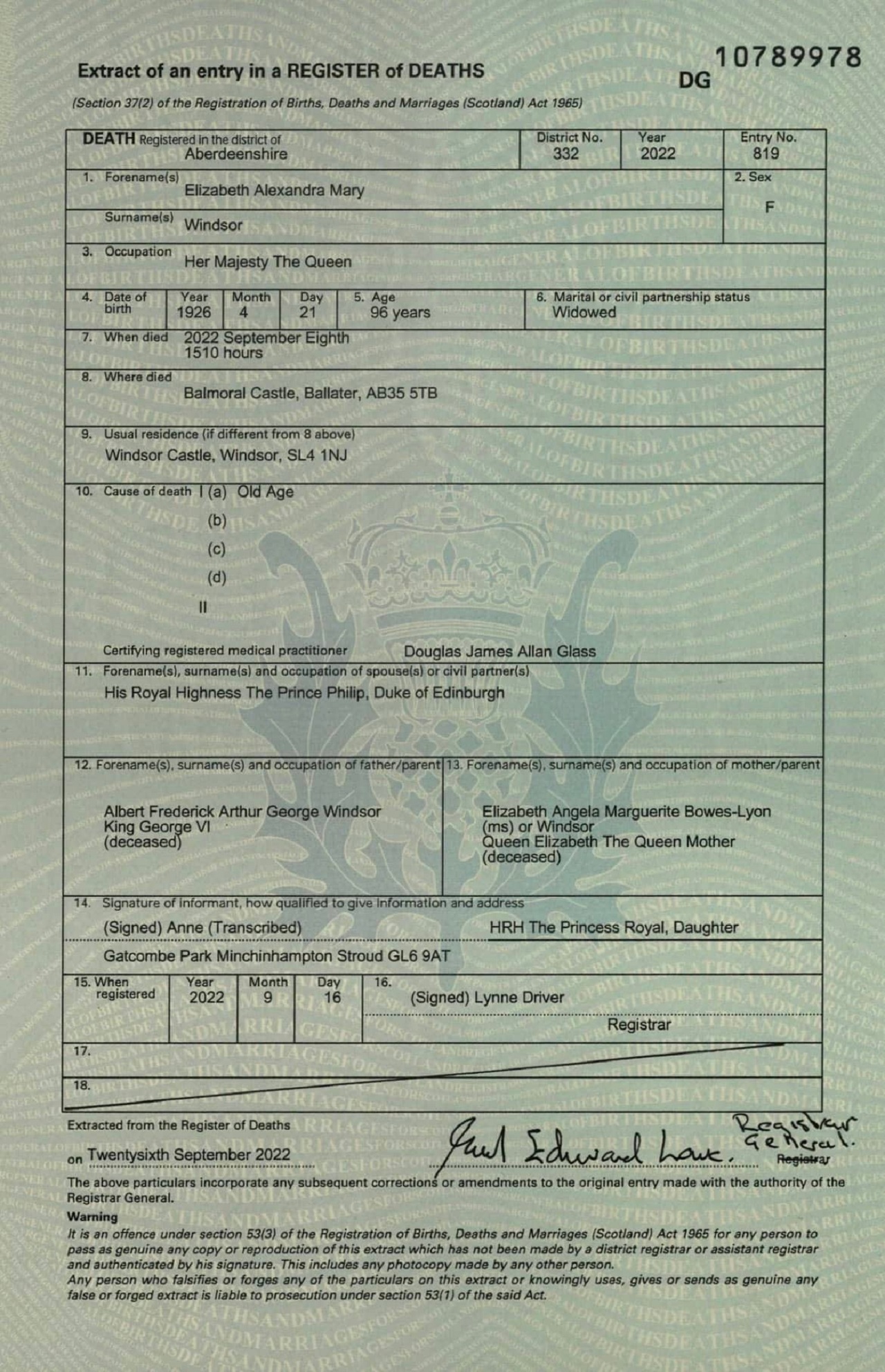 Regina Elisabetta II certificato