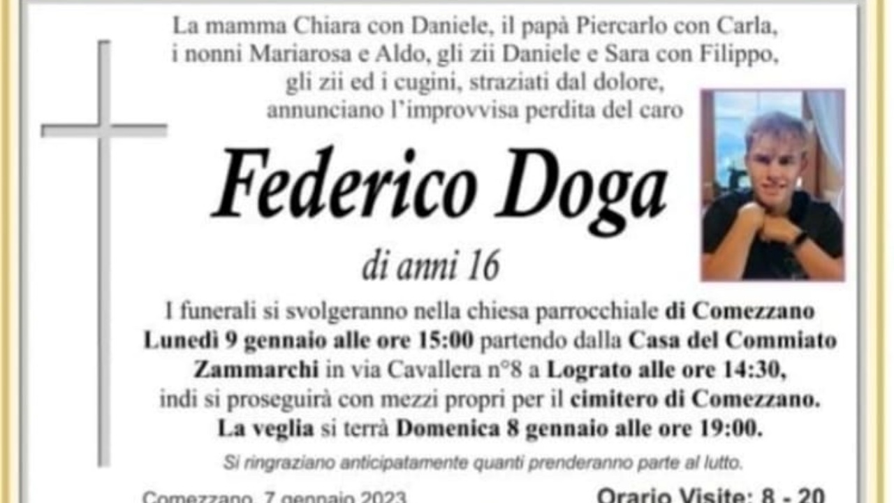 morto a 16 anni Federico Doga