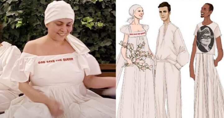 Michela Murgia in abito bianco al matrimonio