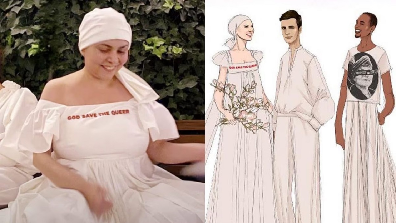 Michela Murgia in abito bianco al matrimonio
