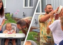 Torta in faccia alla mamma nel primo compleanno del figlio