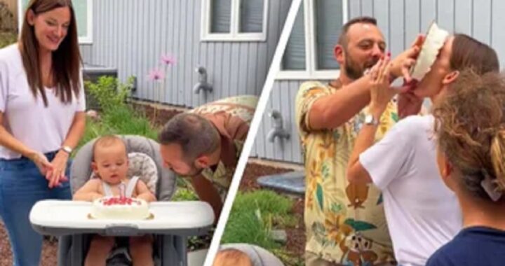 Torta in faccia alla mamma nel primo compleanno del figlio
