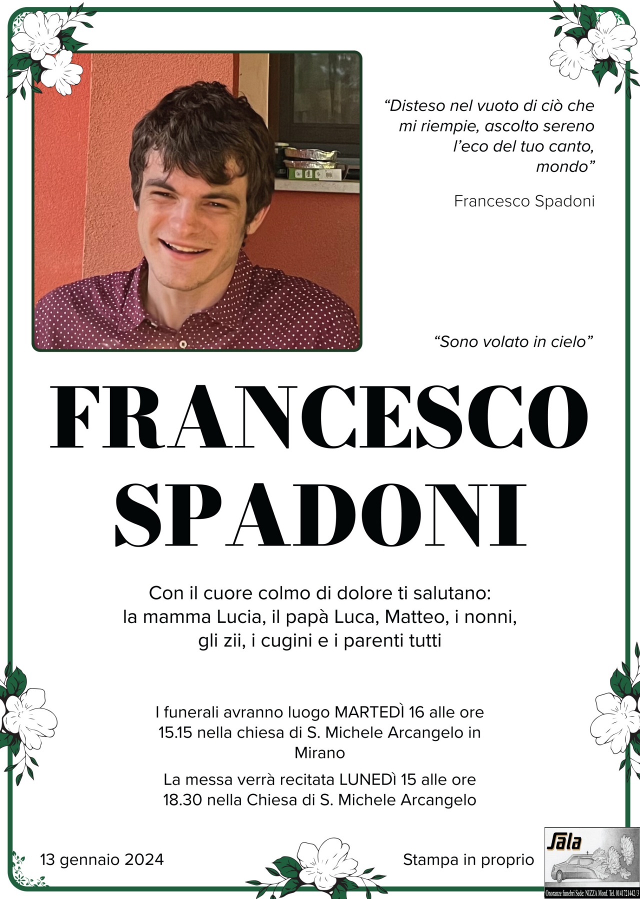 Addio a Francesco Spadoni 21 anni