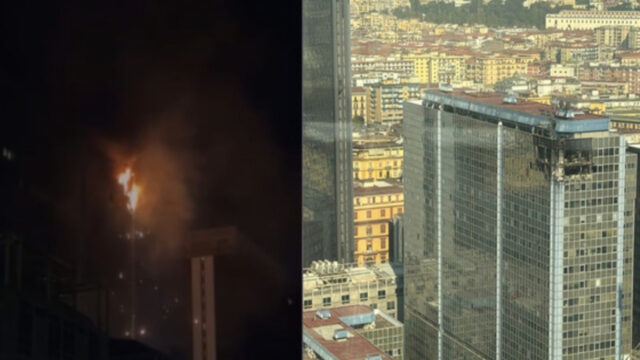 Incendio devasta due piani di un grattacielo nel Centro Direzionale, finestre cadute in strada. La situazione è seria